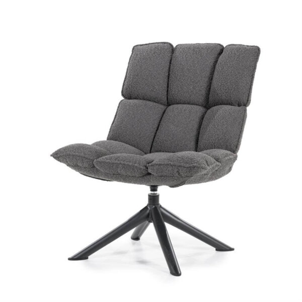 Fauteuil Dani Antraciet, Een draaibare fauteuil in de trendy stof Copenhagen of te wel Bouclé stof. Deze fauteuil is verkrijgbaar in vier trendy kleuren; Groen, antraciet, taupe en beige. Bekijk ook eens de bijpassende eetkamerstoel Dani. Afmeting: 68x78x93cm