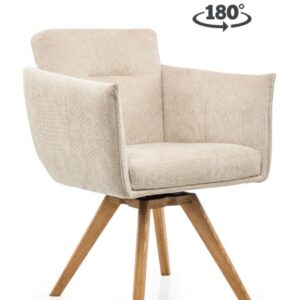 Stoel Amsterdam Beige. Uitgevoerd in een subtiele ribstof in de kleur beige. De stoel is voorzien van een eikenhouten draaipoot waardoor de stoel 180 graden draaibaar is.