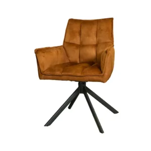 Eetkamerstoel Dani, een prachtige comfortabele eetkamerstoel uitgevoerd in velvet stof. De stoel is voorzien van een draaipoot met memory functie. Kleur: Gold