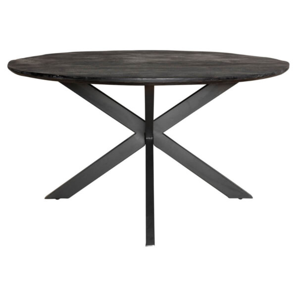 Eettafel New York Rond, ronde tafel gemaakt van mangohout en afgewerkt met een zwarte lak. De tafel is inclusief zwart metalen spinpoot.