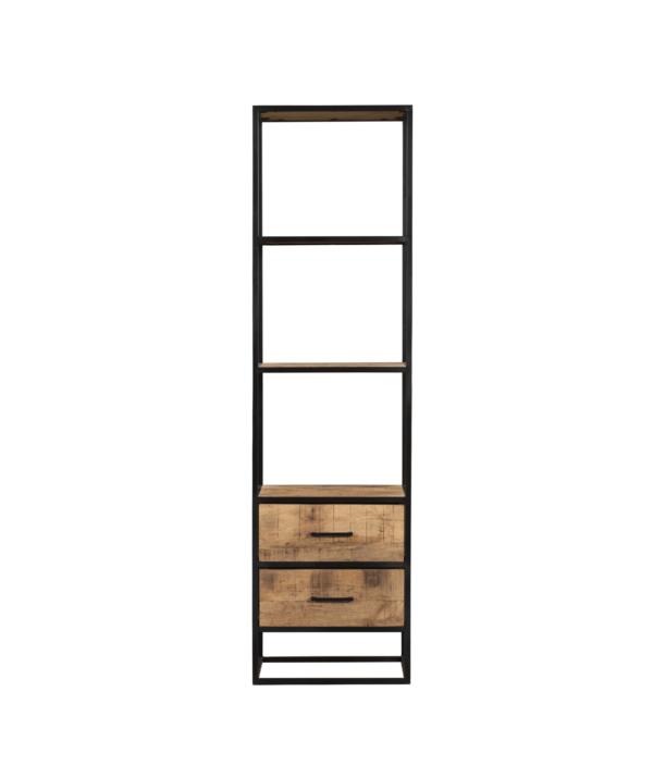 Een boekenkast gemaakt van mangohout. Deze boekenkast is voorzien van 2 laden onderin, boven in heb je 3 open vakkken. De kast heeft een zwart metalen frame.